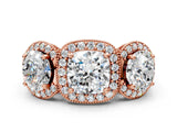 Rose gold Three-Stone Cushion Cut Halo Diamond Milgrain Band with Four-Prong Setting_3