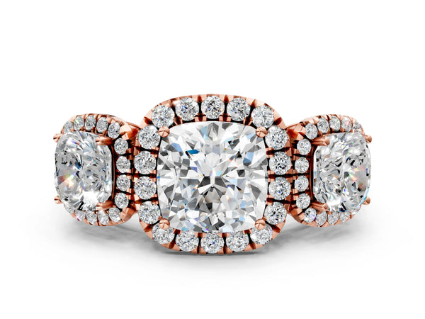 Rose gold Three-Stone Cushion Cut Halo Diamond Ring with Pave Band and Four-Prong Setting