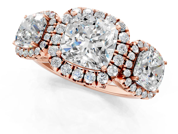 Rose gold Three-Stone Cushion Cut Halo Diamond Ring with Pave Band and Four-Prong Setting
