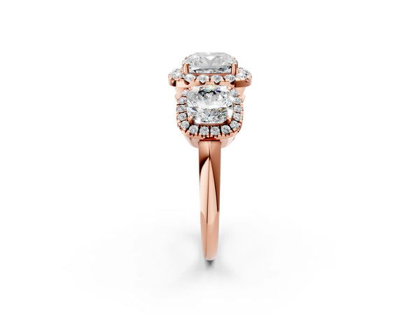 Rose gold Three-Stone Cushion Cut Halo Diamond Ring with Pave Band and Four-Prong Setting