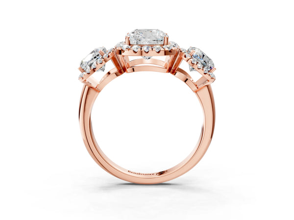 Rose gold Three-Stone Cushion Cut Halo Diamond Ring with Pave Band and Four-Prong Setting