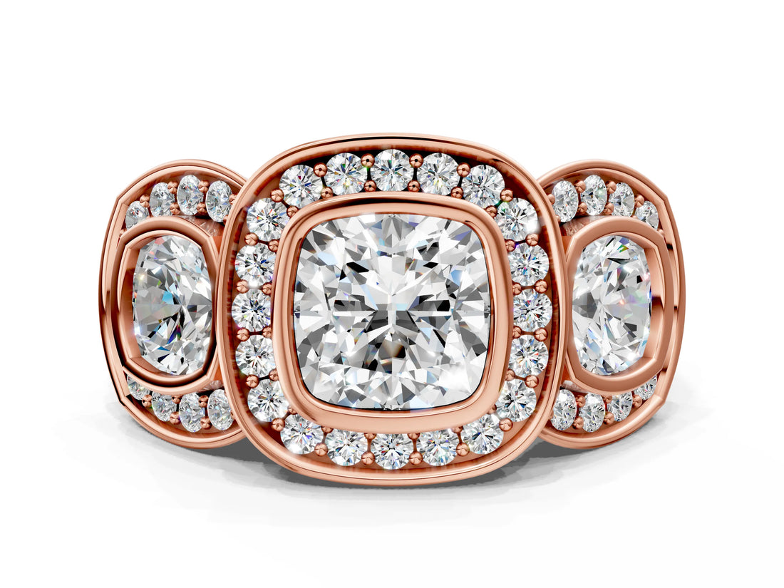 Rose gold Three-Stone Cushion Cut Halo Pavé Diamond Ring_3