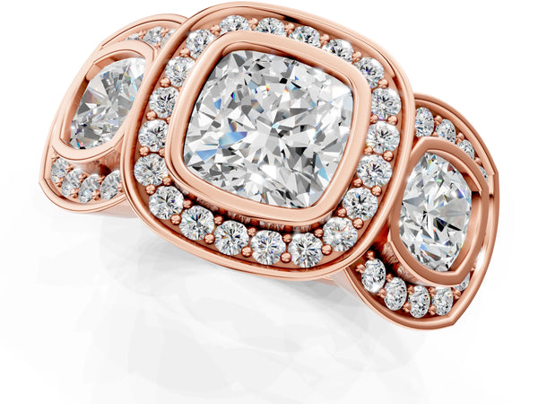 Rose Gold Cushion Cut Bezel Three Stone Halo Engagement Ring Setting with Pave Shoulders