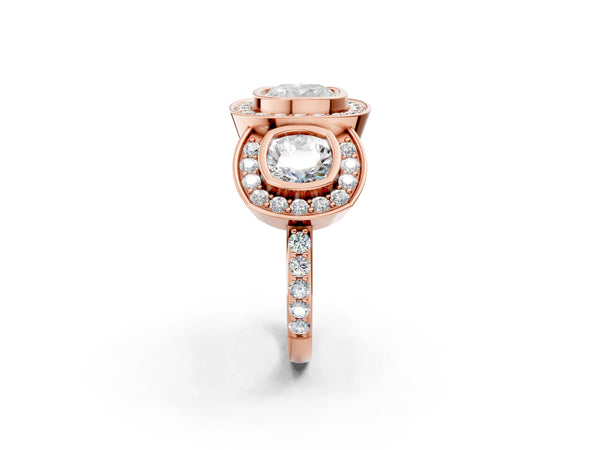 Rose Gold Cushion Cut Bezel Three Stone Halo Engagement Ring Setting with Pave Shoulders