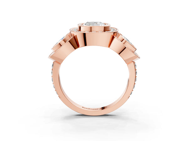 Rose Gold Cushion Cut Bezel Three Stone Halo Engagement Ring Setting with Pave Shoulders