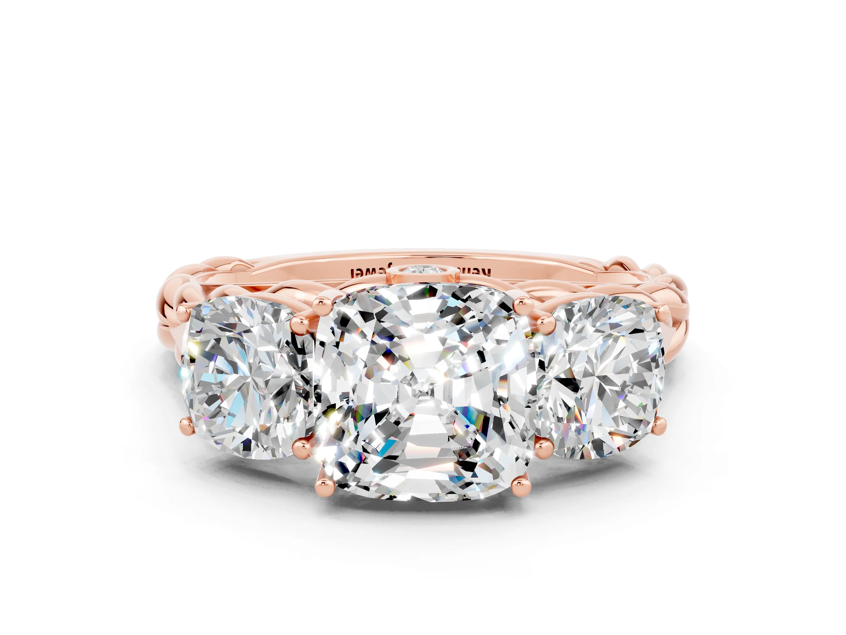 Rose gold Three-Stone Cushion Cut Moissanite Braided Band Ring with Four-Prong Setting_12