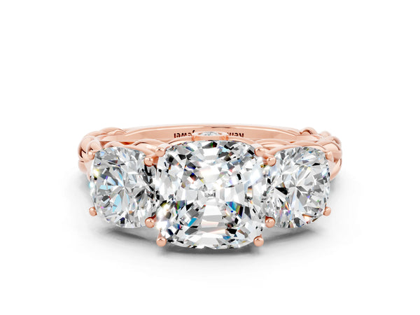 Rose gold Three-Stone Cushion Cut Moissanite Braided Band Ring with Four-Prong Setting