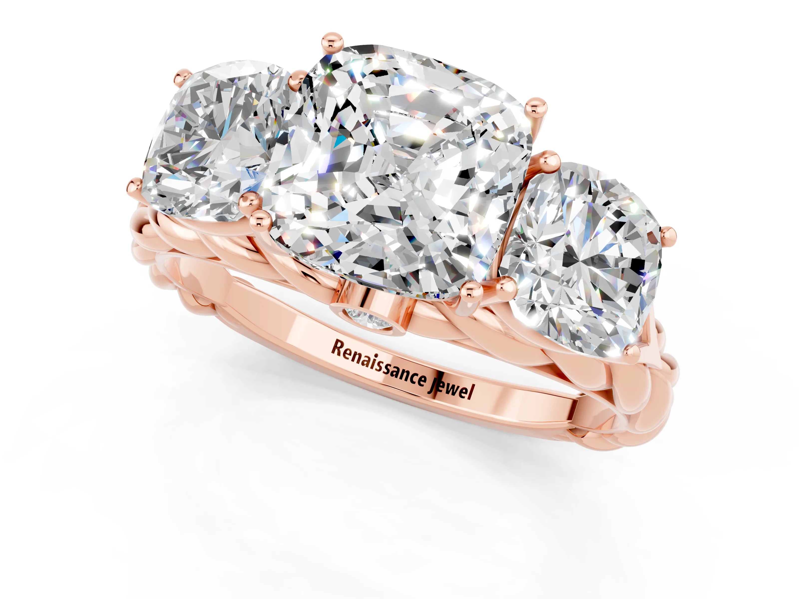 Rose gold Three-Stone Cushion Cut Moissanite Braided Band Ring with Four-Prong Setting_13
