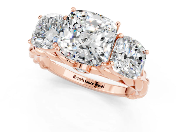 Rose gold Three-Stone Cushion Cut Moissanite Braided Band Ring with Four-Prong Setting