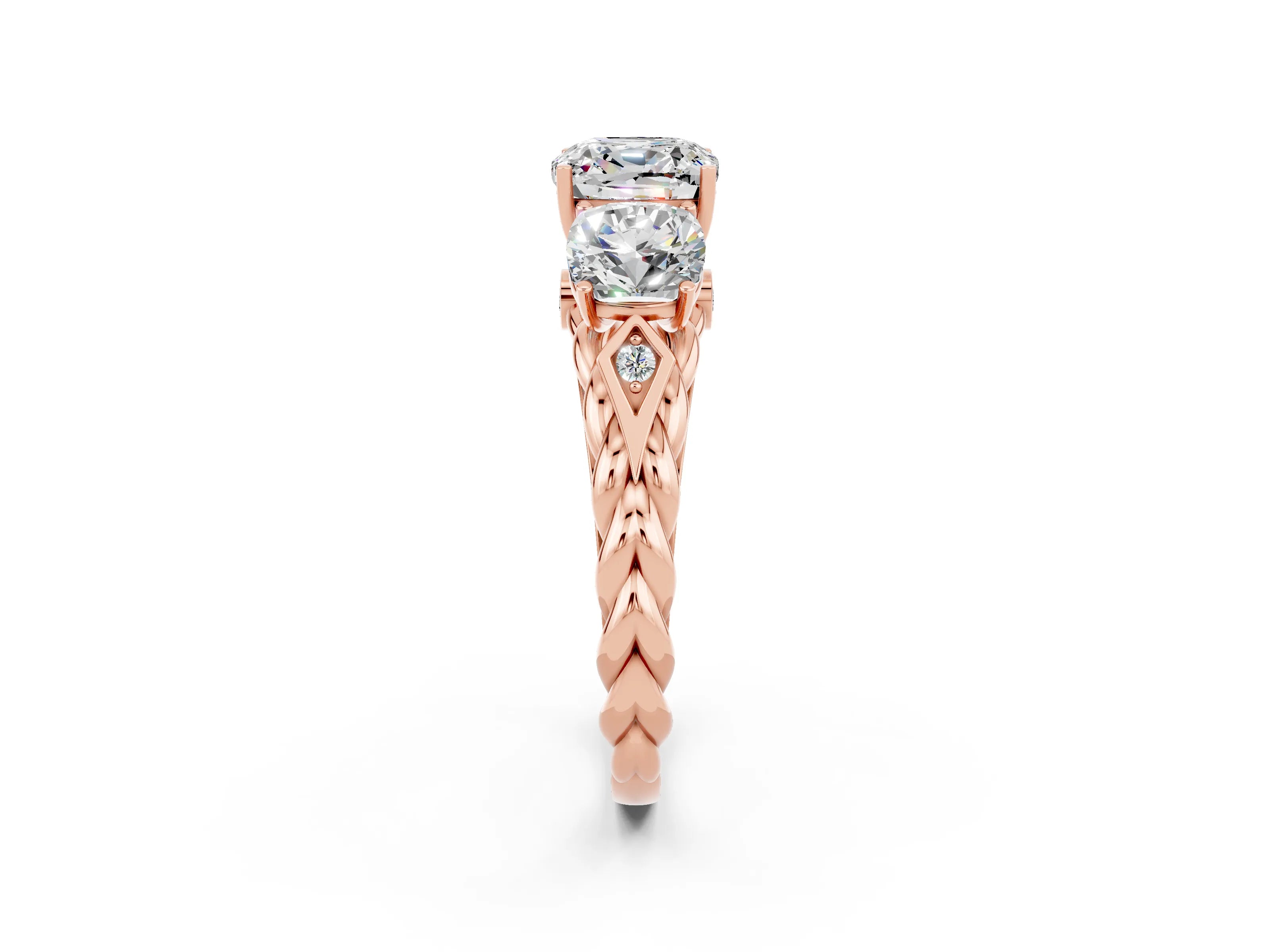 Rose gold Three-Stone Cushion Cut Moissanite Braided Band Ring with Four-Prong Setting_14