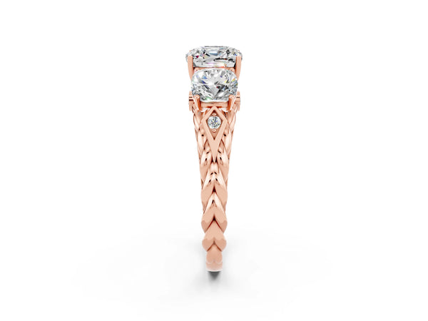 Rose gold Three-Stone Cushion Cut Moissanite Braided Band Ring with Four-Prong Setting