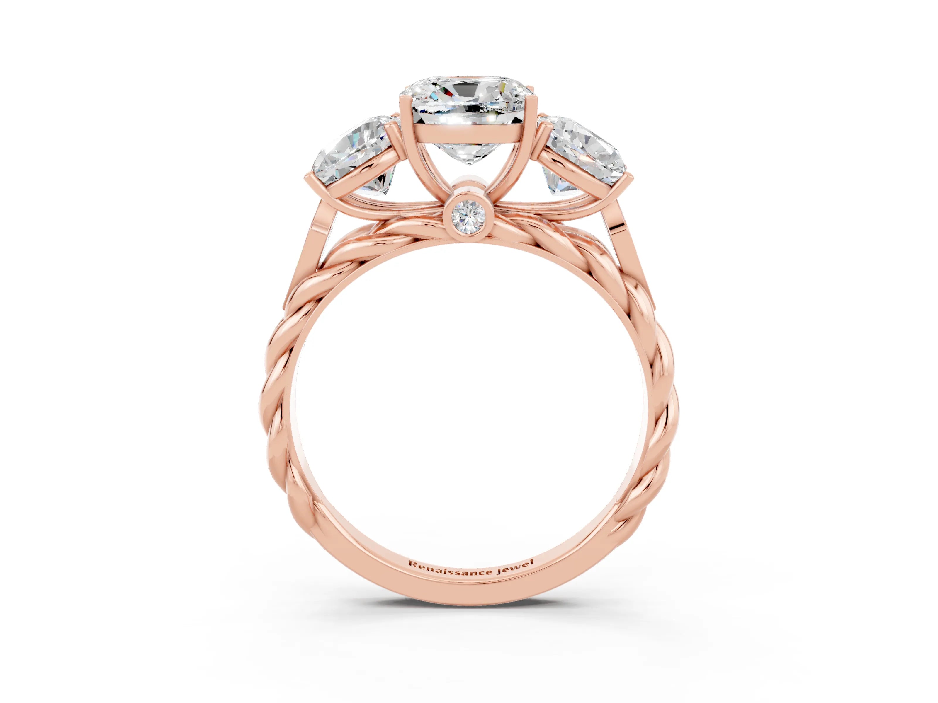 Rose gold Three-Stone Cushion Cut Moissanite Braided Band Ring with Four-Prong Setting_15