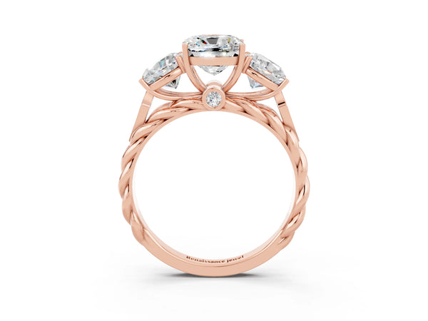 Rose gold Three-Stone Cushion Cut Moissanite Braided Band Ring with Four-Prong Setting