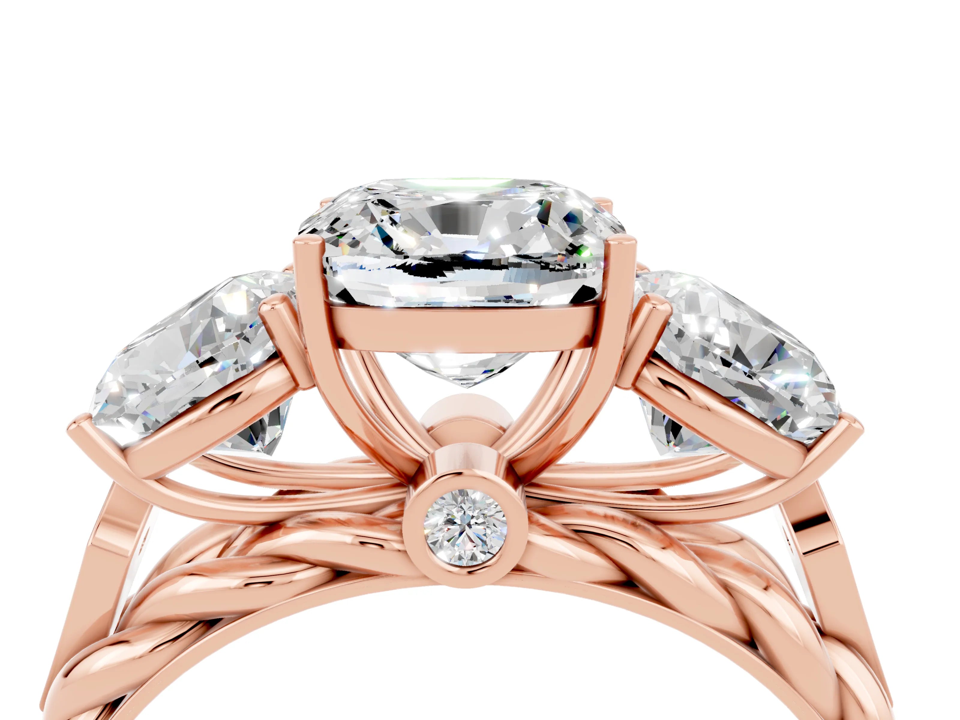 Rose gold Three-Stone Cushion Cut Moissanite Braided Band Ring with Four-Prong Setting_16