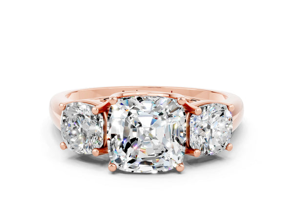 Rose gold Three-Stone Cushion Cut Moissanite Engagement Ring with Prong Setting