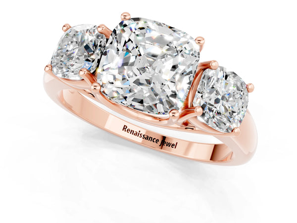 Rose gold Three-Stone Cushion Cut Moissanite Engagement Ring with Prong Setting
