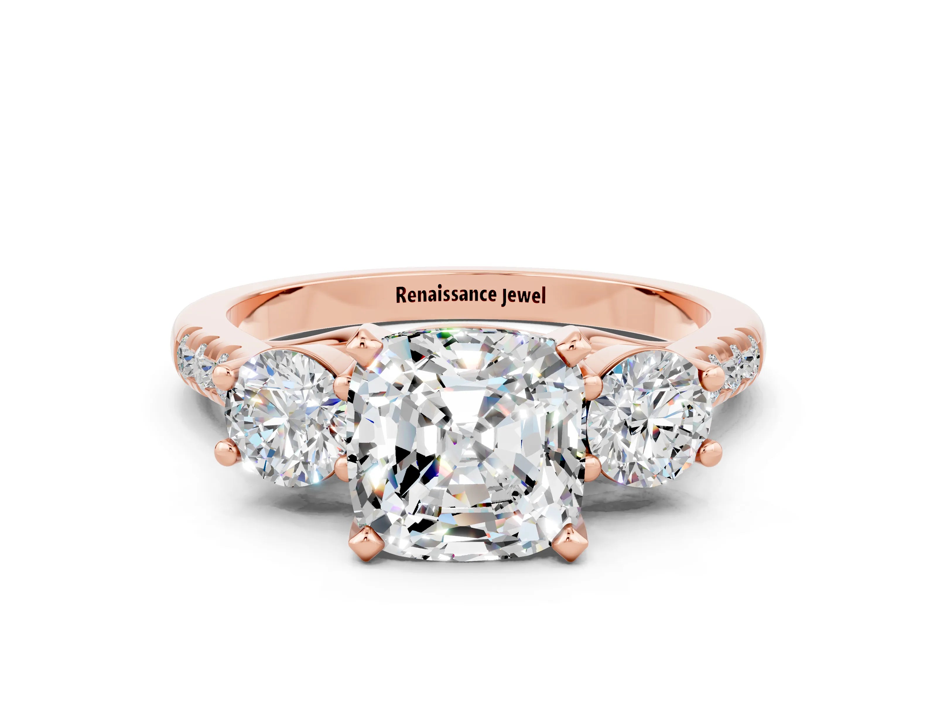 Rose gold Three-Stone Cushion Cut Moissanite Pavé Band with Four-Prong Setting