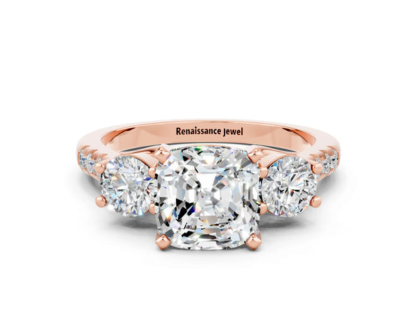 Rose gold Three-Stone Cushion Cut Moissanite Pavé Band with Four-Prong Setting