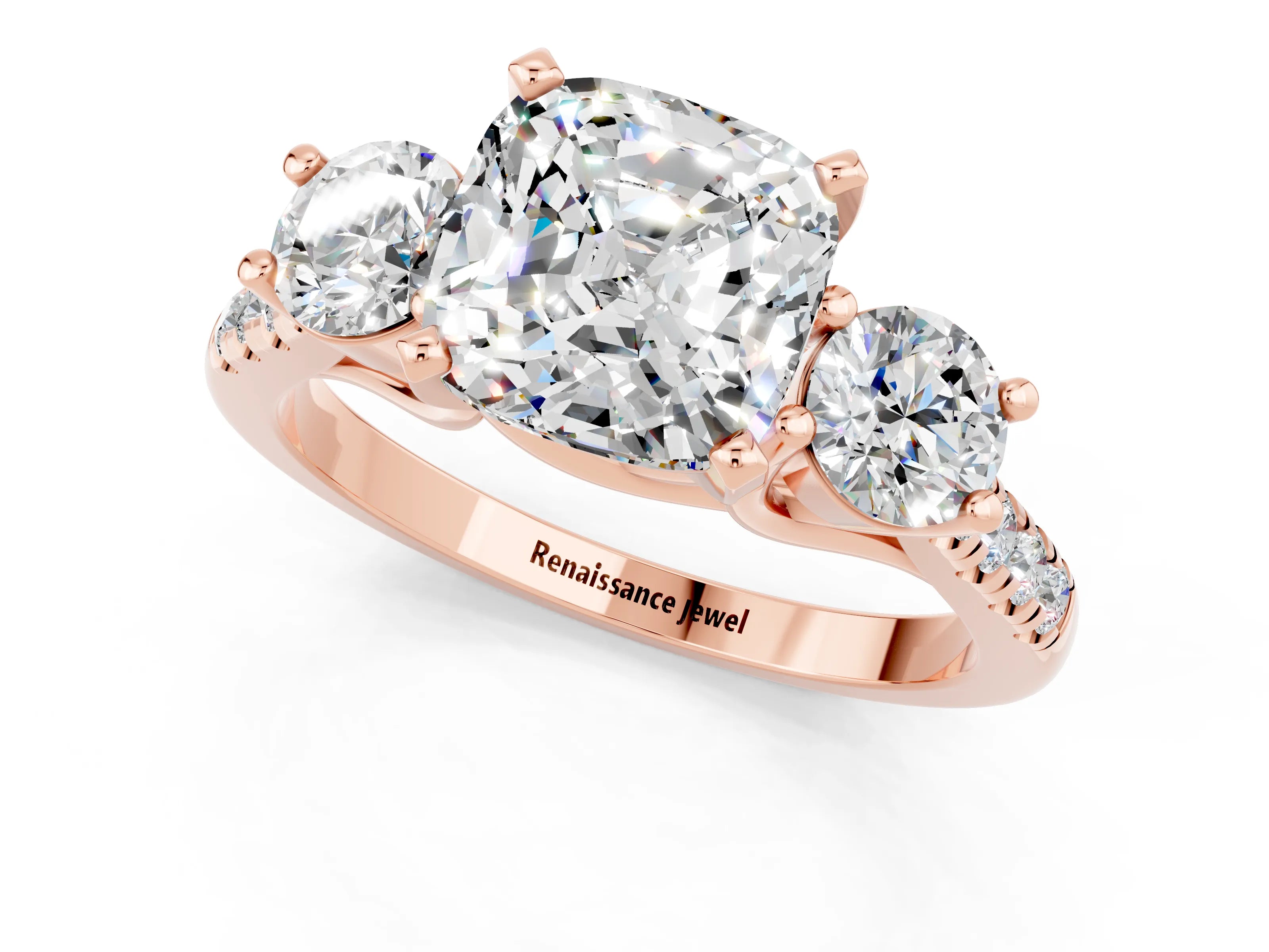 Rose gold Three-Stone Cushion Cut Moissanite Pavé Band with Four-Prong Setting_1