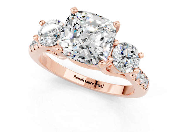 Rose gold Three-Stone Cushion Cut Moissanite Pavé Band with Four-Prong Setting