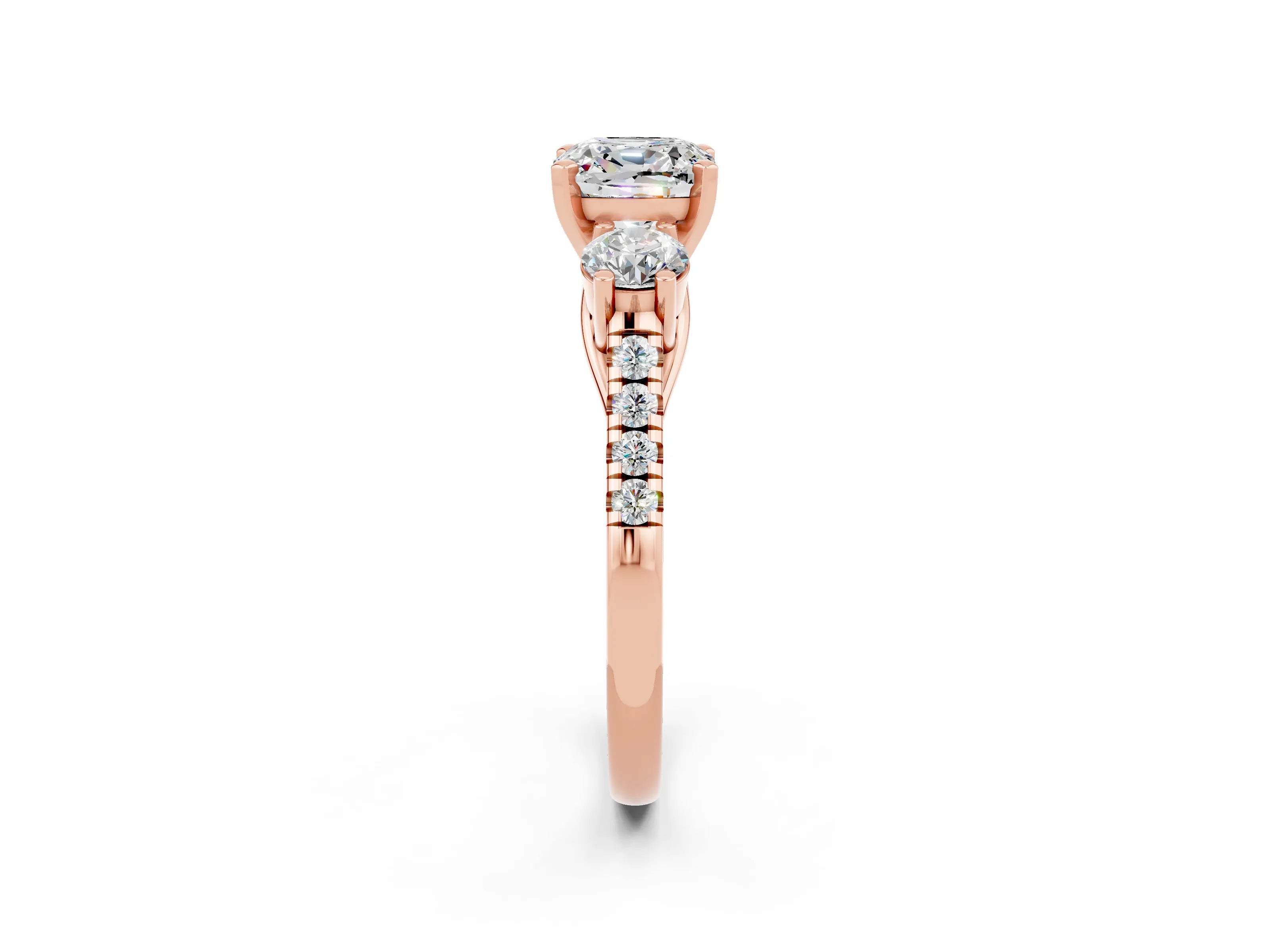 Rose gold Three-Stone Cushion Cut Moissanite Pavé Band with Four-Prong Setting_2