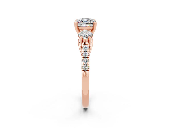 Rose gold Three-Stone Cushion Cut Moissanite Pavé Band with Four-Prong Setting