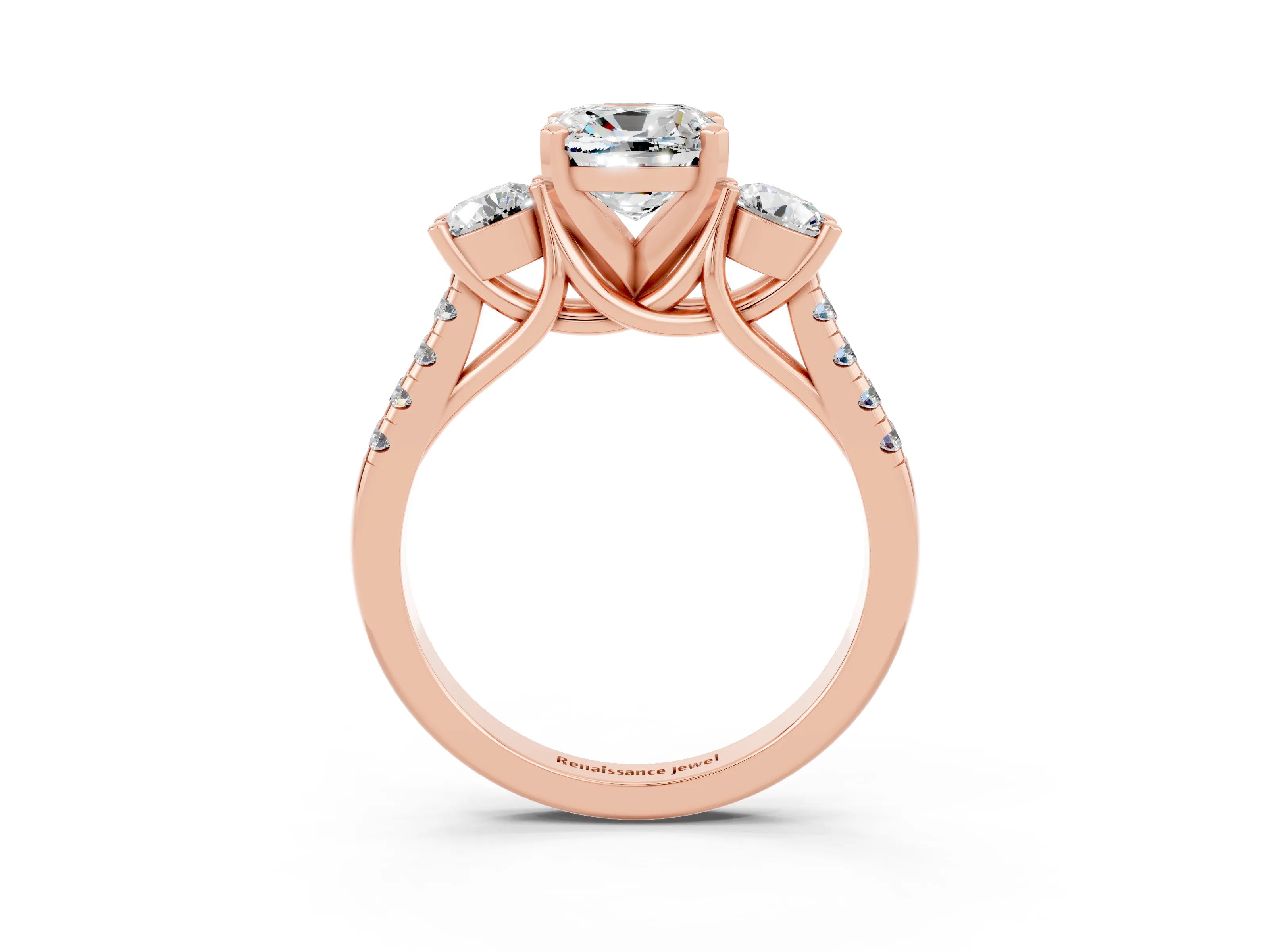 Rose gold Three-Stone Cushion Cut Moissanite Pavé Band with Four-Prong Setting_3
