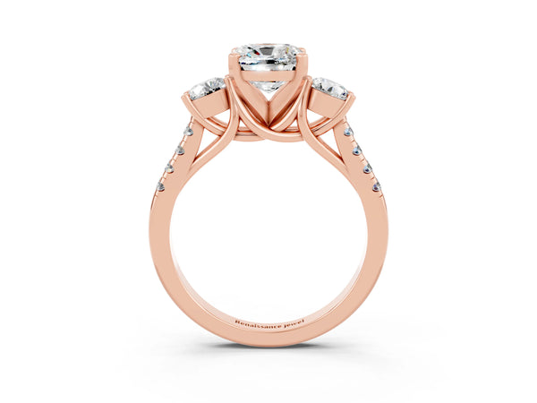 Rose gold Three-Stone Cushion Cut Moissanite Pavé Band with Four-Prong Setting