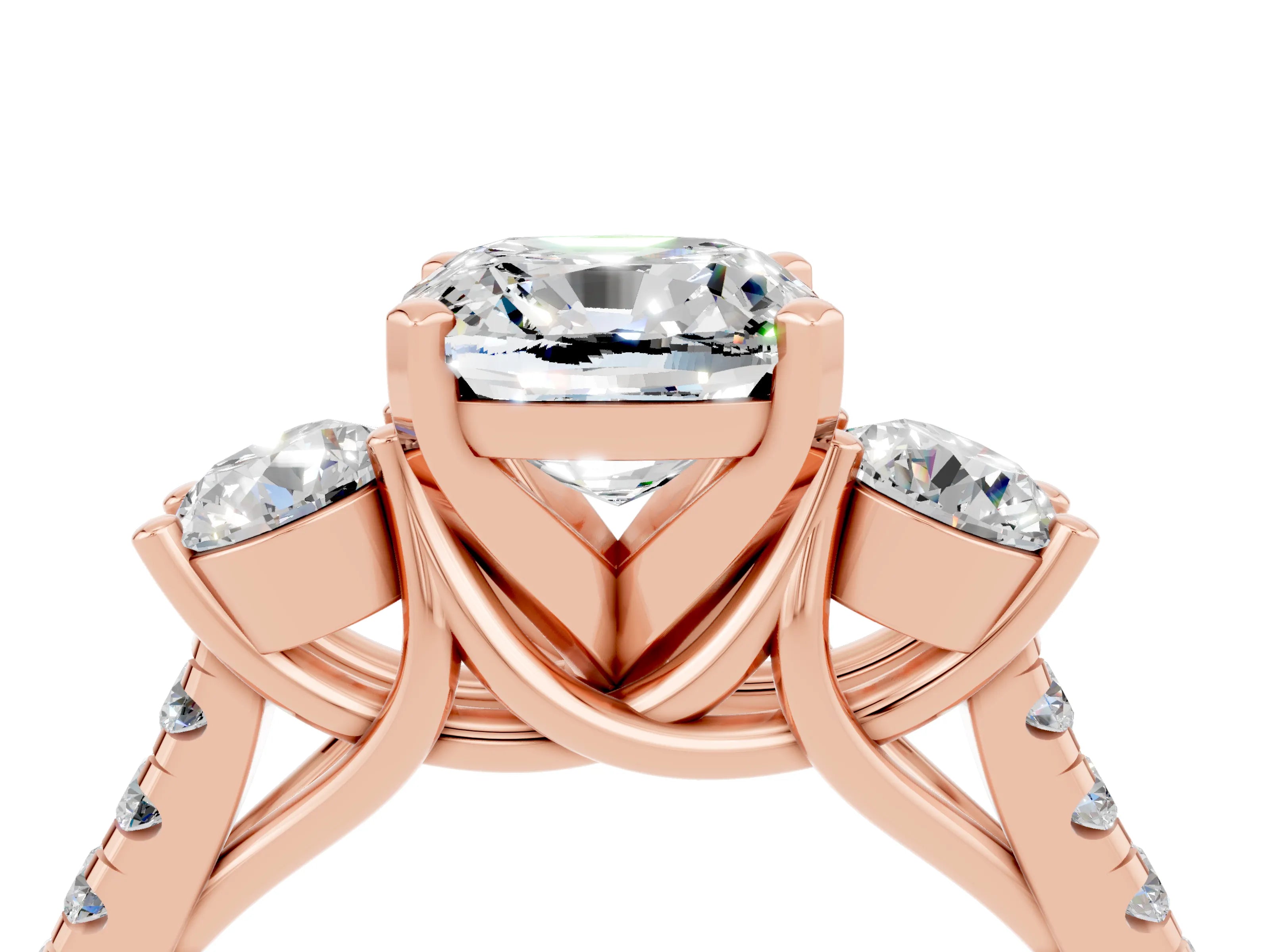 Rose gold Three-Stone Cushion Cut Moissanite Pavé Band with Four-Prong Setting_4