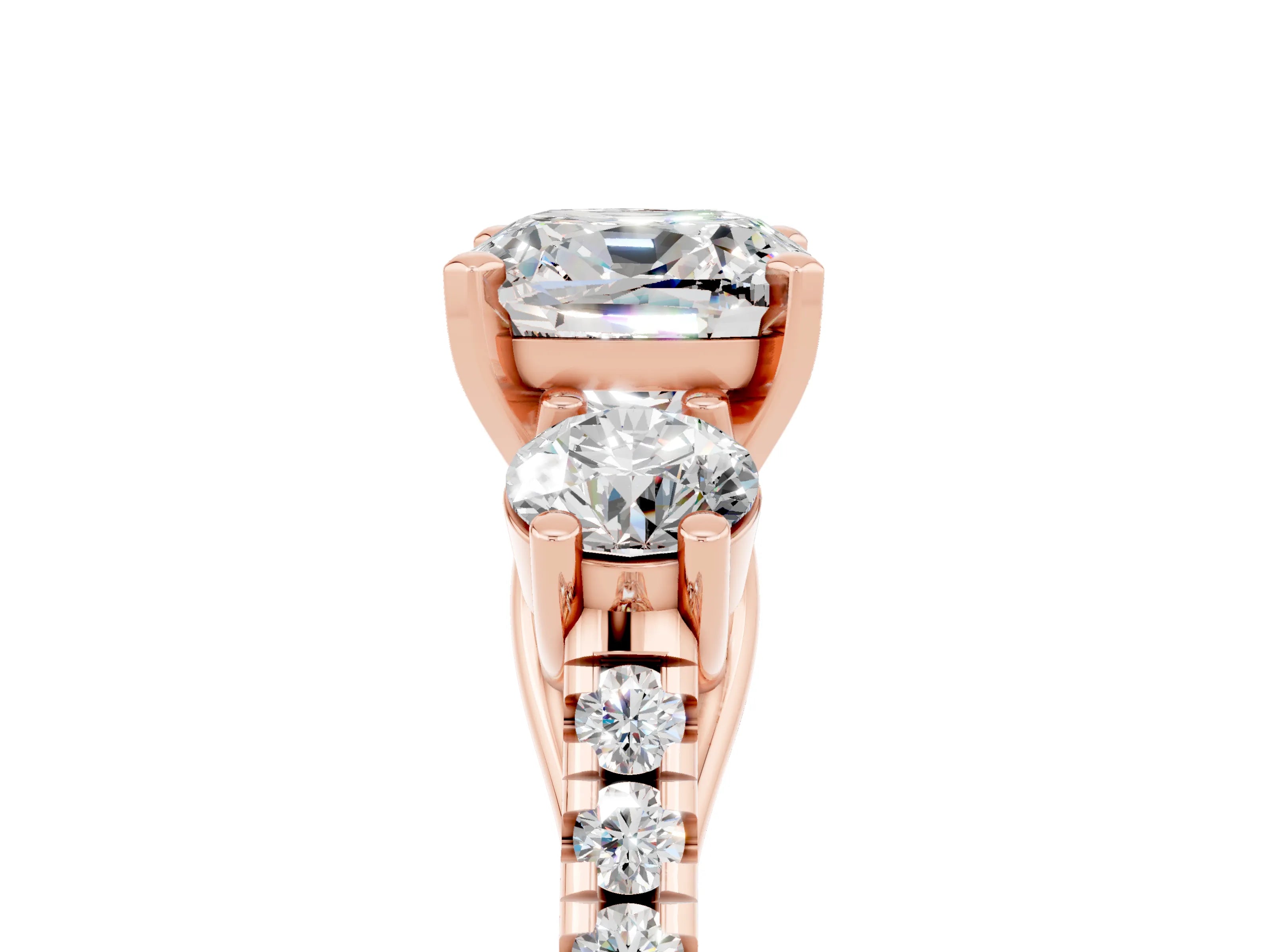 Rose gold Three-Stone Cushion Cut Moissanite Pavé Band with Four-Prong Setting_5