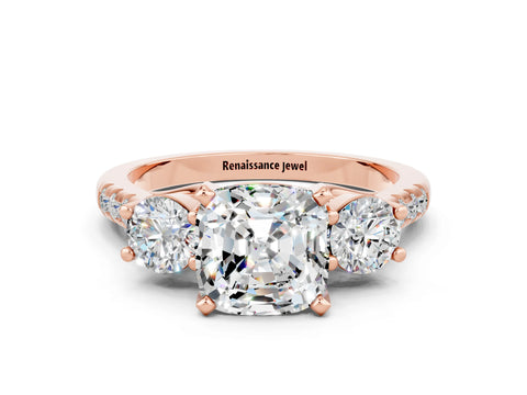 Rose gold Three-Stone Cushion Cut Moissanite Pavé Band with Four-Prong Setting