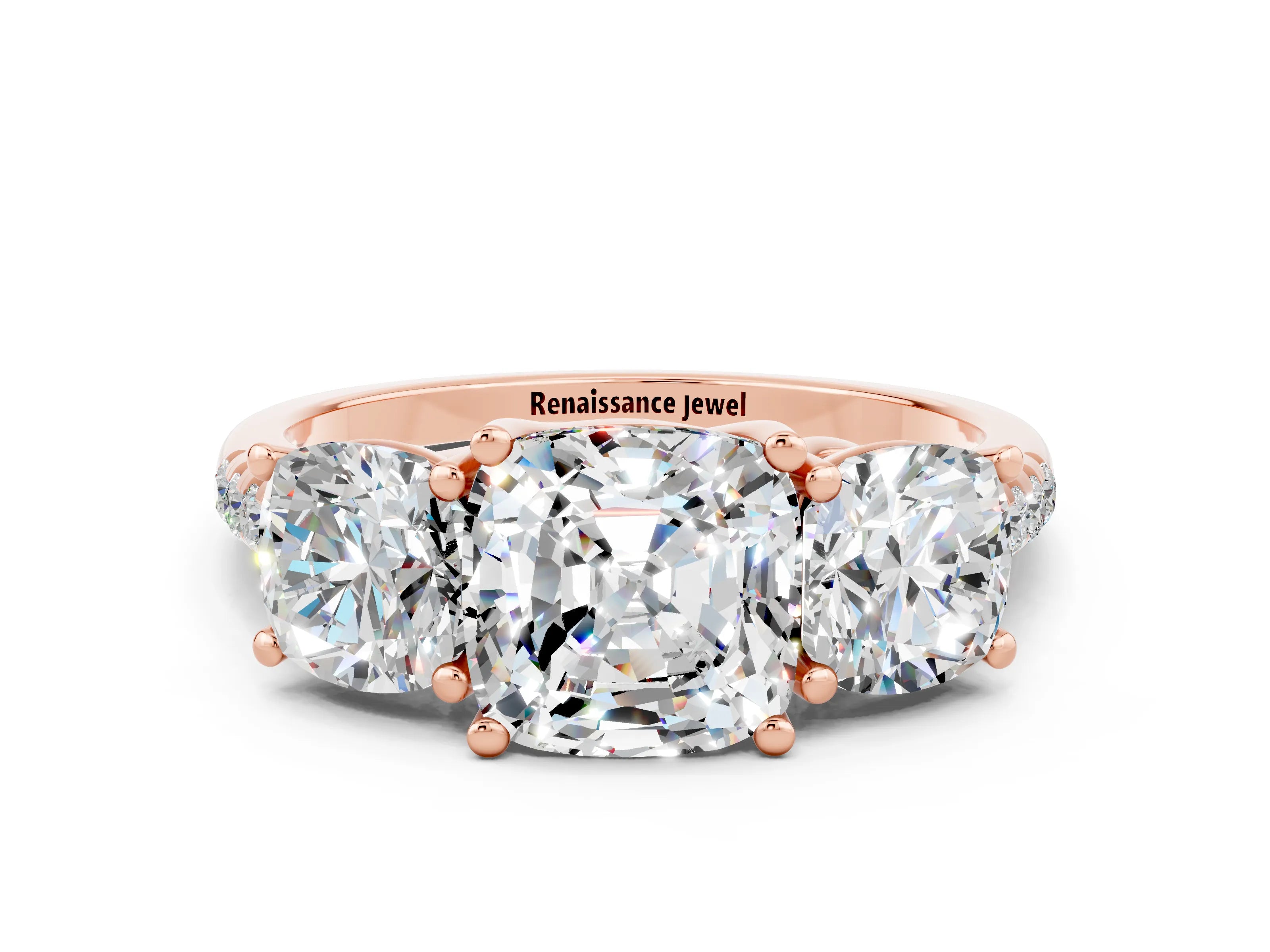 Rose gold Three-Stone Cushion Cut Moissanite Ring with Pavé Band and Prong Setting_12