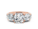 Rose gold Three-Stone Cushion Cut Moissanite Ring with Pavé Band and Prong Setting_12