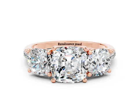 Rose gold Three-Stone Cushion Cut Moissanite Ring with Pavé Band and Prong Setting_12