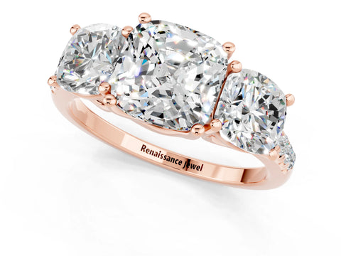 Rose gold Three-Stone Cushion Cut Moissanite Ring with Pavé Band and Prong Setting_13