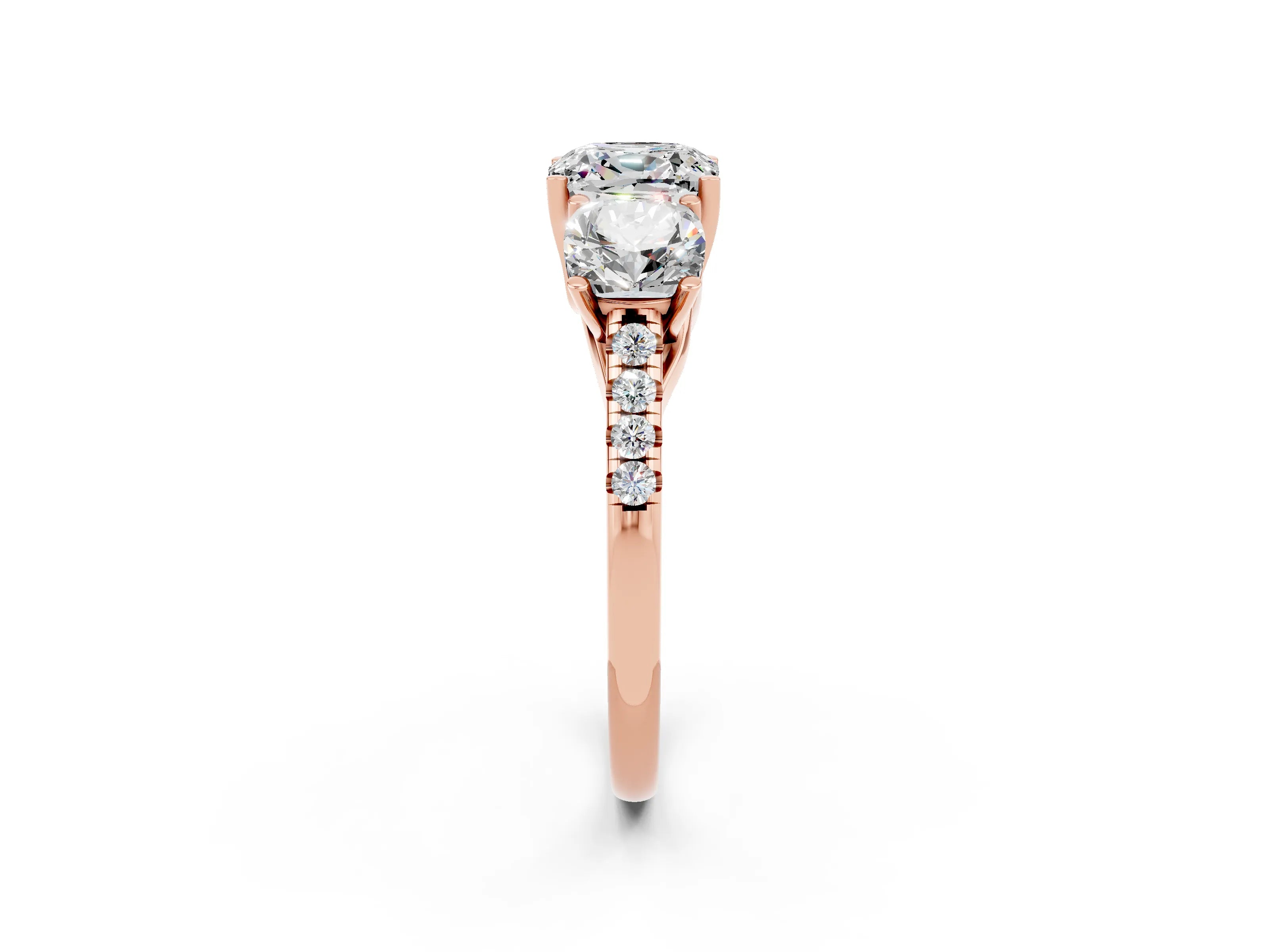 Rose gold Three-Stone Cushion Cut Moissanite Ring with Pavé Band and Prong Setting_14