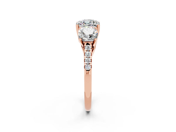 Rose gold Three-Stone Cushion Cut Moissanite Ring with Round  Pavé Band and Prong Setting