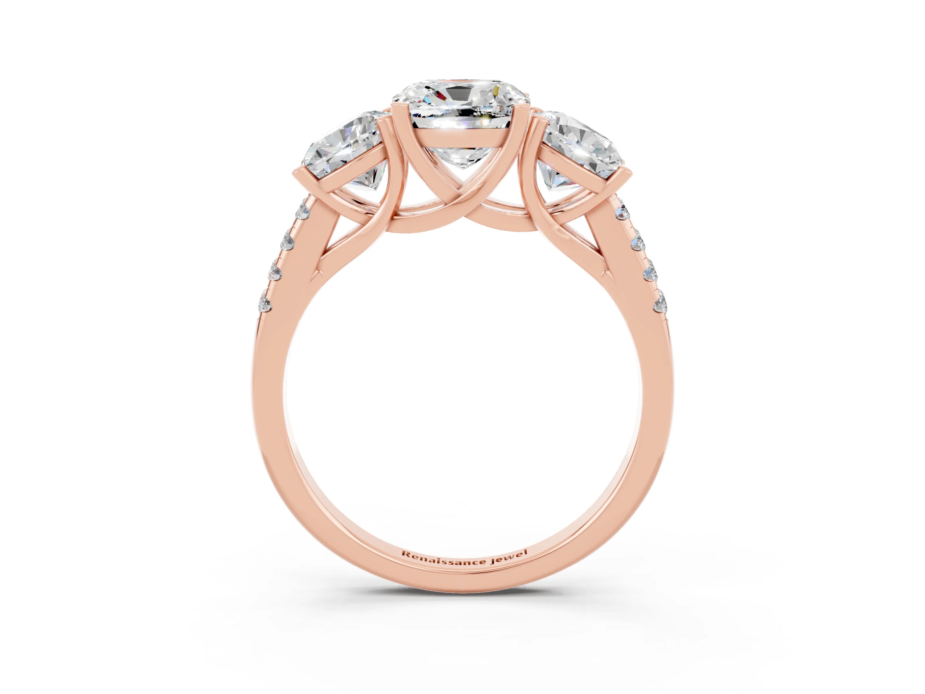 Rose gold Three-Stone Cushion Cut Moissanite Ring with Pavé Band and Prong Setting_15