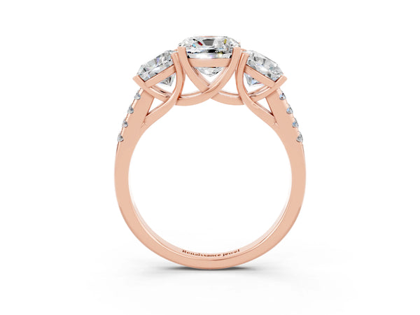 Rose gold Three-Stone Cushion Cut Moissanite Ring with Round  Pavé Band and Prong Setting