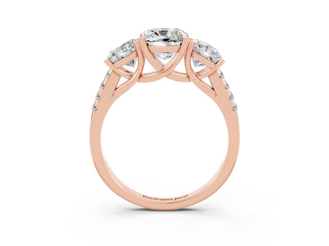 Rose gold Three-Stone Cushion Cut Moissanite Ring with Pavé Band and Prong Setting_15