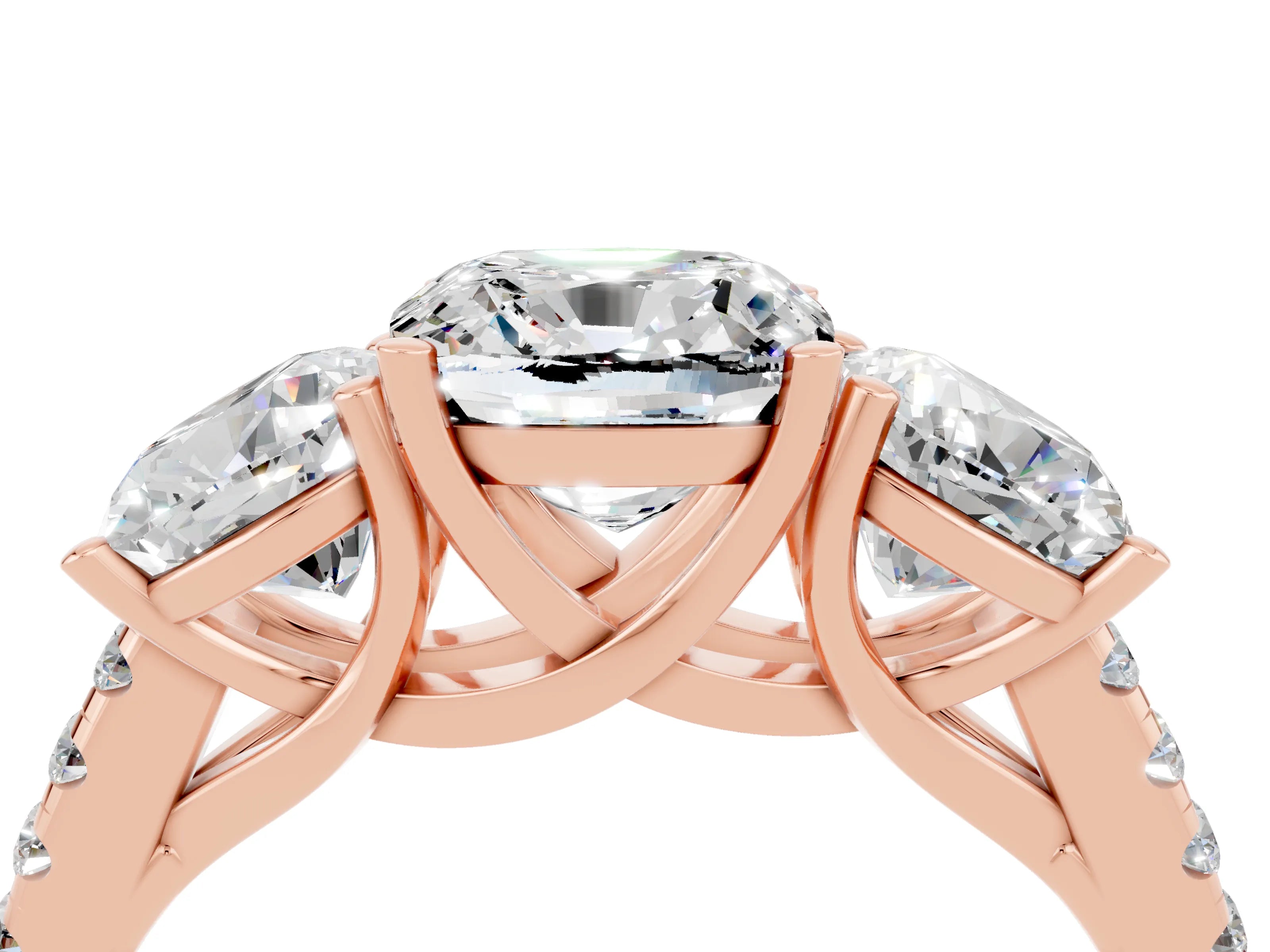Rose gold Three-Stone Cushion Cut Moissanite Ring with Pavé Band and Prong Setting_16