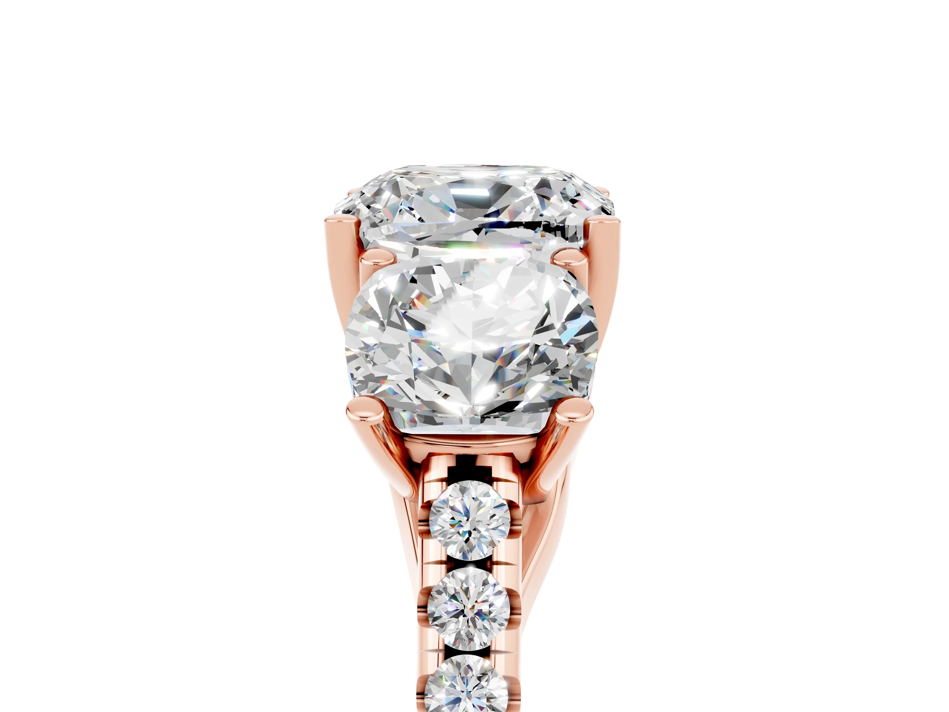 Rose gold Three-Stone Cushion Cut Moissanite Ring with Pavé Band and Prong Setting_17