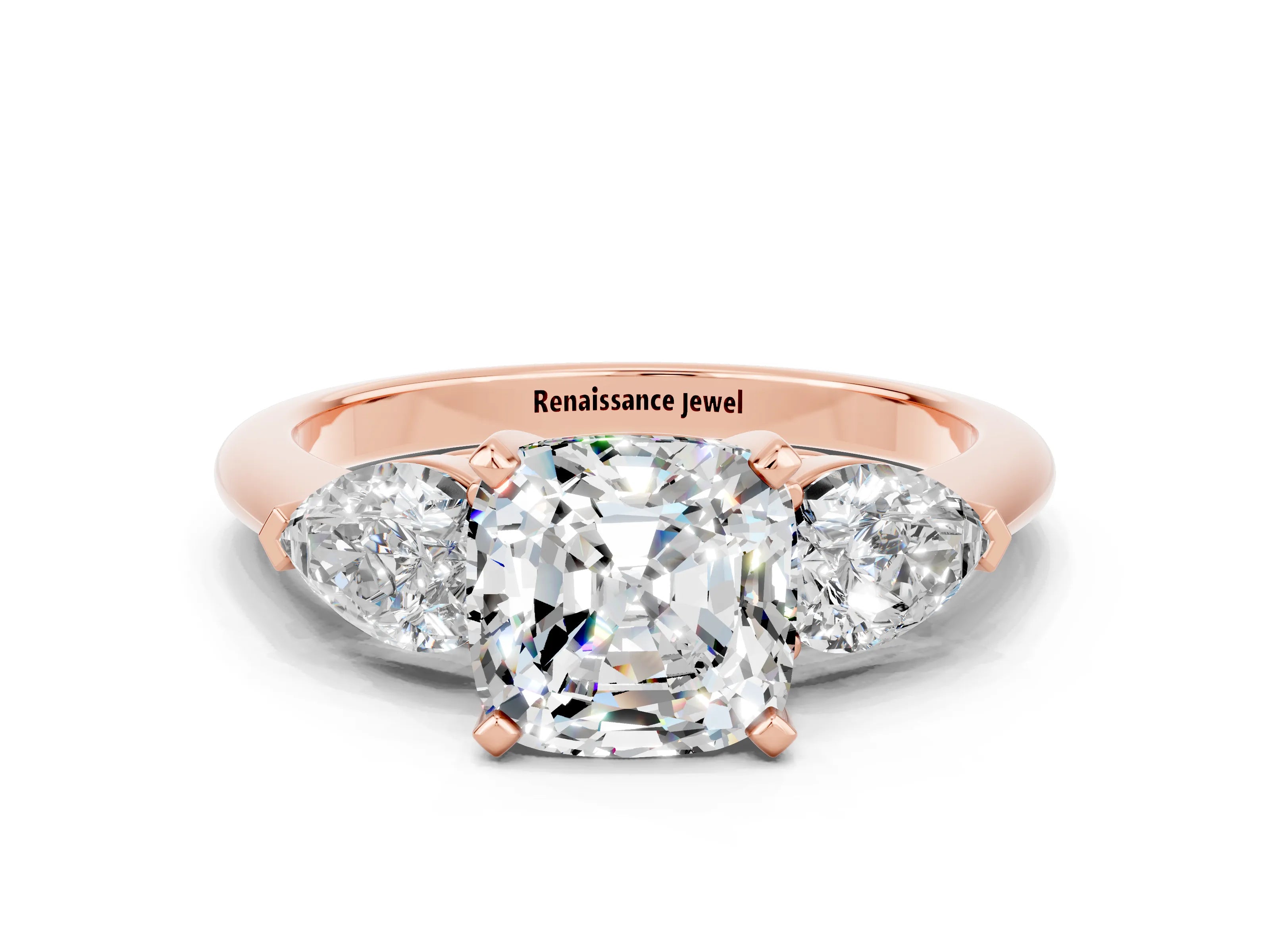 Rose gold Three-Stone Cushion Cut Moissanite Ring with Pear Side Stones and Four-Prong Setting