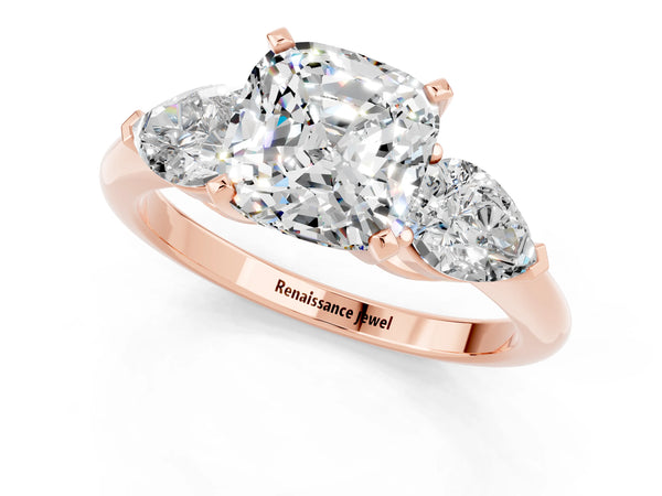 Rose gold Three-Stone Cushion Cut Moissanite Ring with Pear Side Stones and Four-Prong Setting