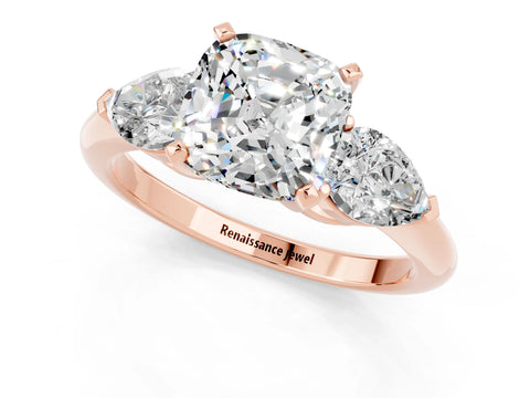 Rose gold Three-Stone Cushion Cut Moissanite Ring with Pear Side Stones and Four-Prong Setting_1