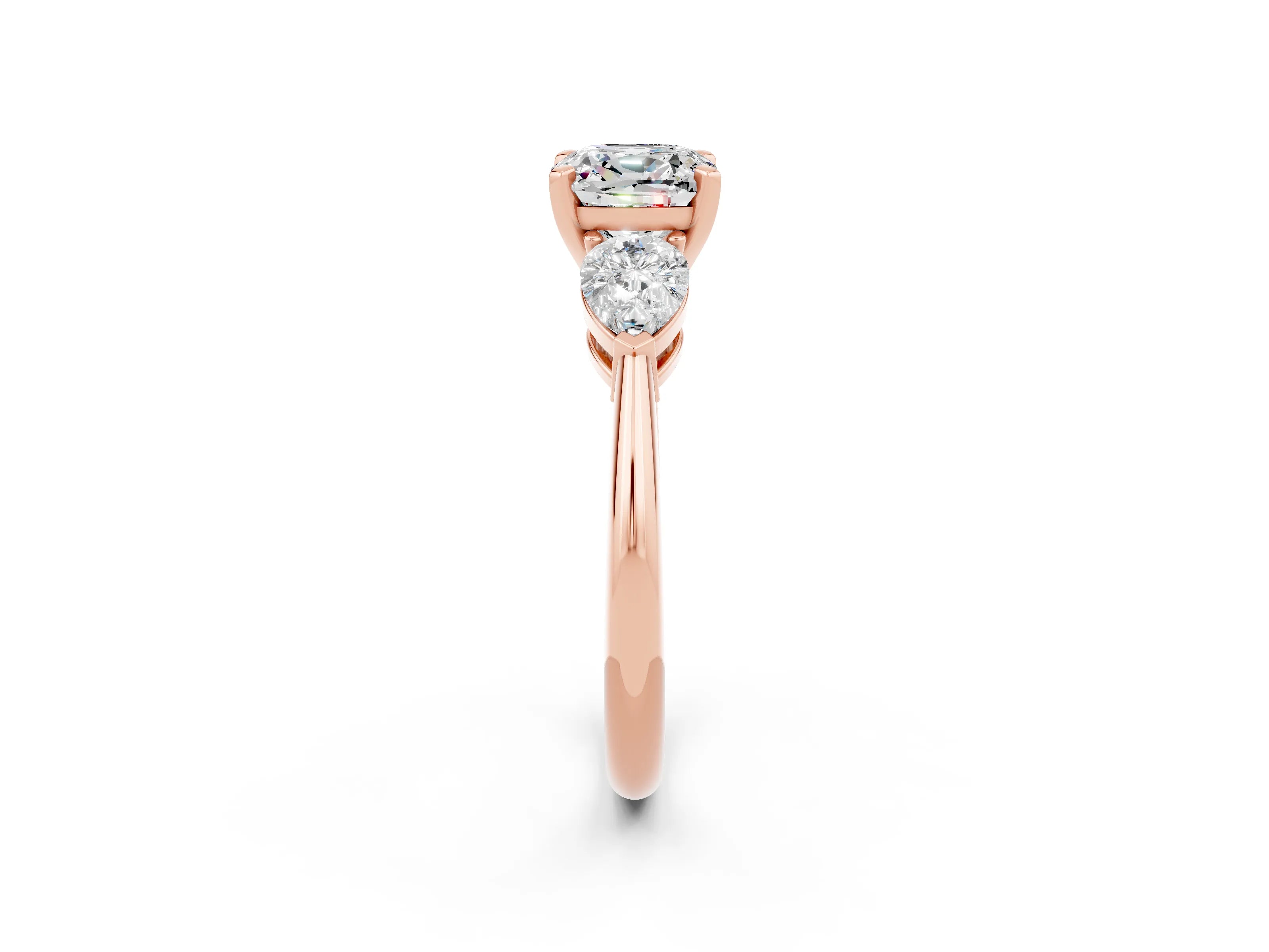 Rose gold Three-Stone Cushion Cut Moissanite Ring with Pear Side Stones and Four-Prong Setting_2