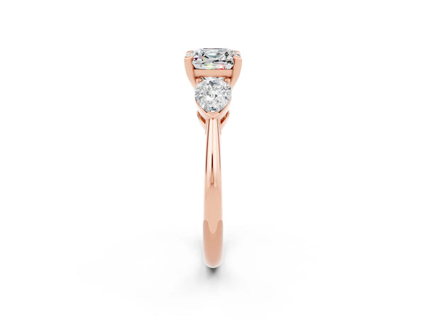 Rose gold Three-Stone Cushion Cut Moissanite Ring with Pear Side Stones and Four-Prong Setting