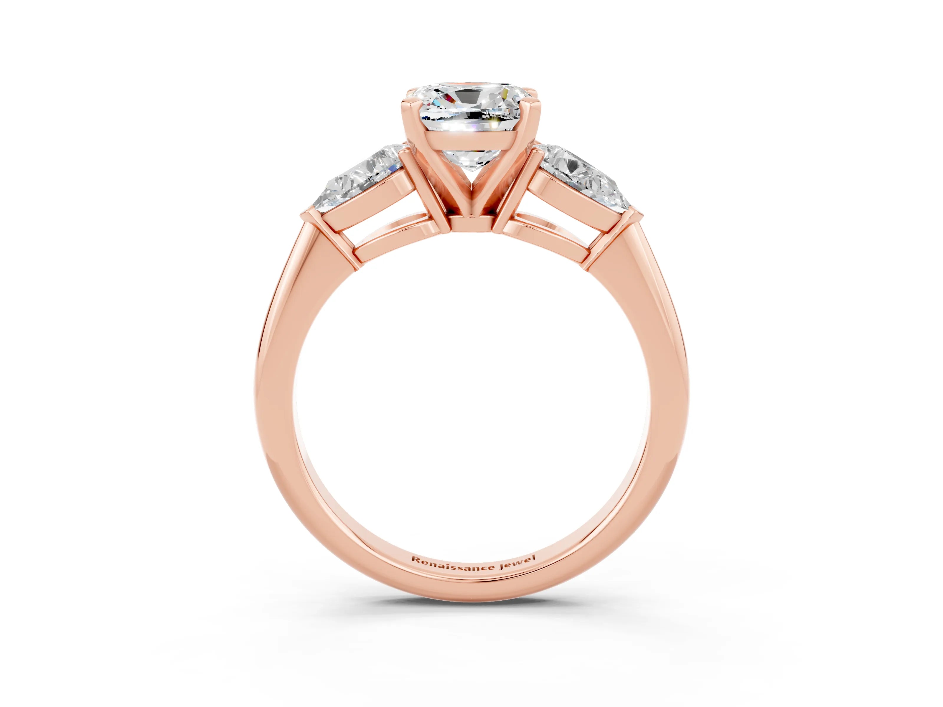 Rose gold Three-Stone Cushion Cut Moissanite Ring with Pear Side Stones and Four-Prong Setting_3