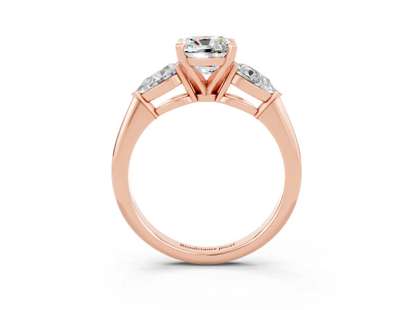 Rose gold Three-Stone Cushion Cut Moissanite Ring with Pear Side Stones and Four-Prong Setting