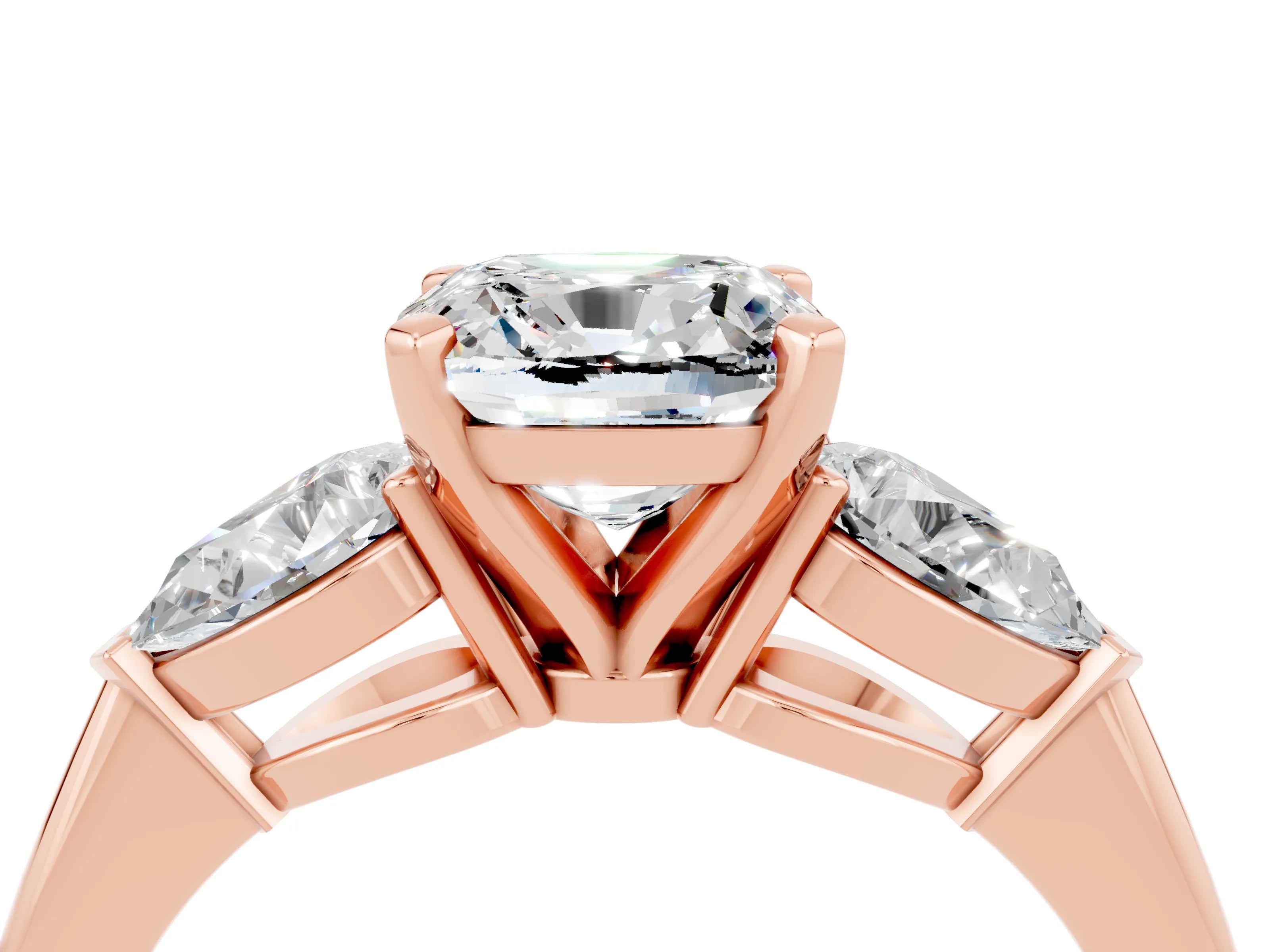 Rose gold Three-Stone Cushion Cut Moissanite Ring with Pear Side Stones and Four-Prong Setting_4
